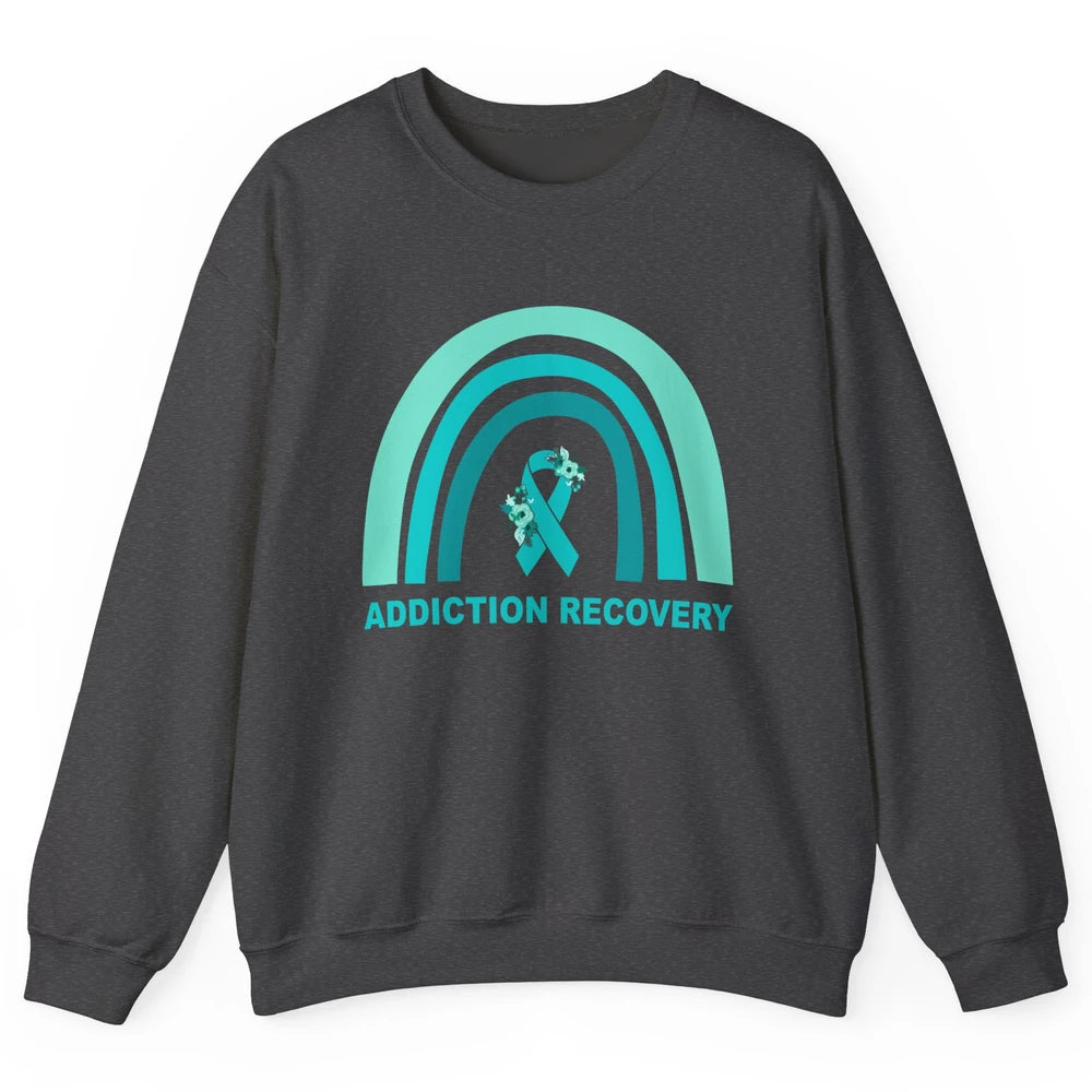 Addiction Recovery Awareness Floral Teal Ribbon Rainbow Unisex Crewneck Sweatshirt