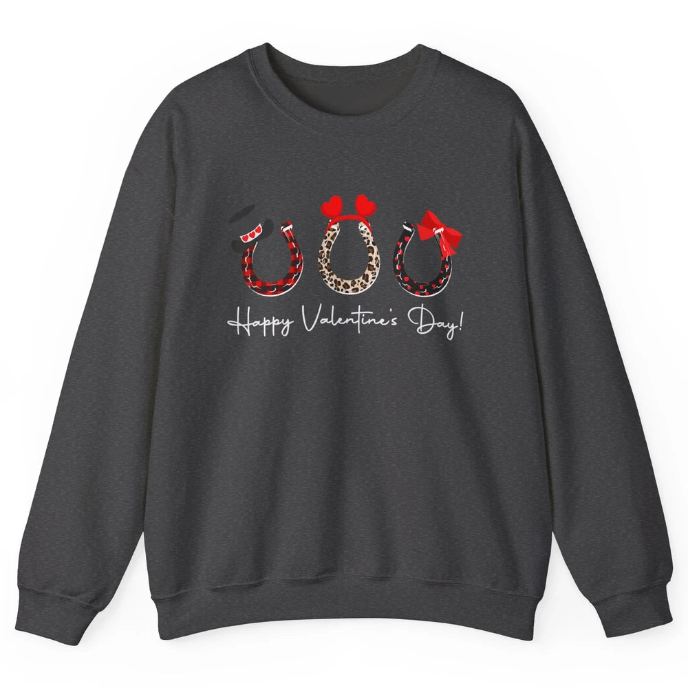 Leopard Red Plaid Heart Love Horseshoes Horse Lover Happy Valentine's Day Unisex Crewneck Sweatshirt