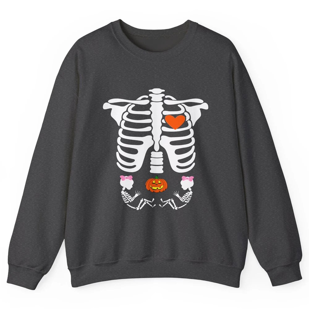 Pregnant Halloween Skeleton Baby Twins Witch Pumpkin Costume Unisex Crewneck Sweatshirt