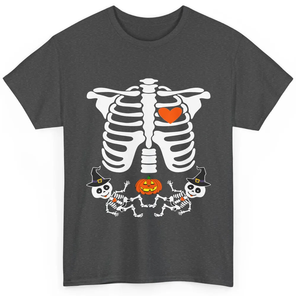Pregnant Halloween Skeleton Baby Twins Witch Pumpkin Costume Classic Unisex T-Shirt