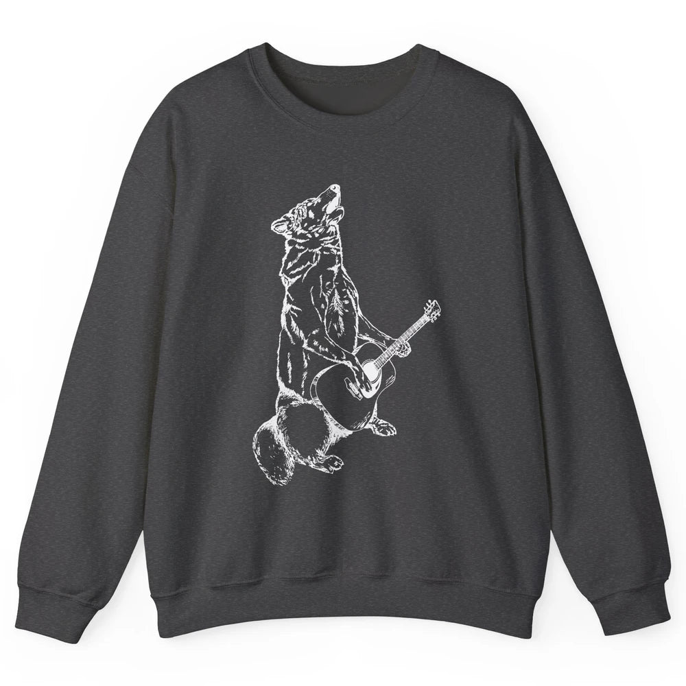 Retro Howling Wolf Playing Guitar Musician Guitarist Music Unisex Crewneck Sweatshirt