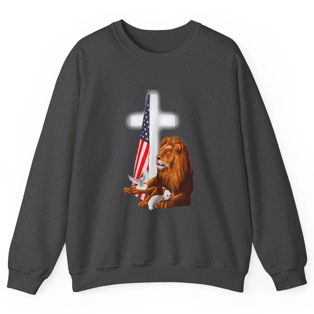 Patriotic Christian Lamb Bible Verse Lion Cross Religious Unisex Crewneck Sweatshirt