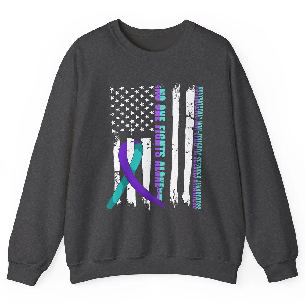 PNES Awareness Purple Teal Ribbon No One Fight Alone US Flag Unisex Crewneck Sweatshirt