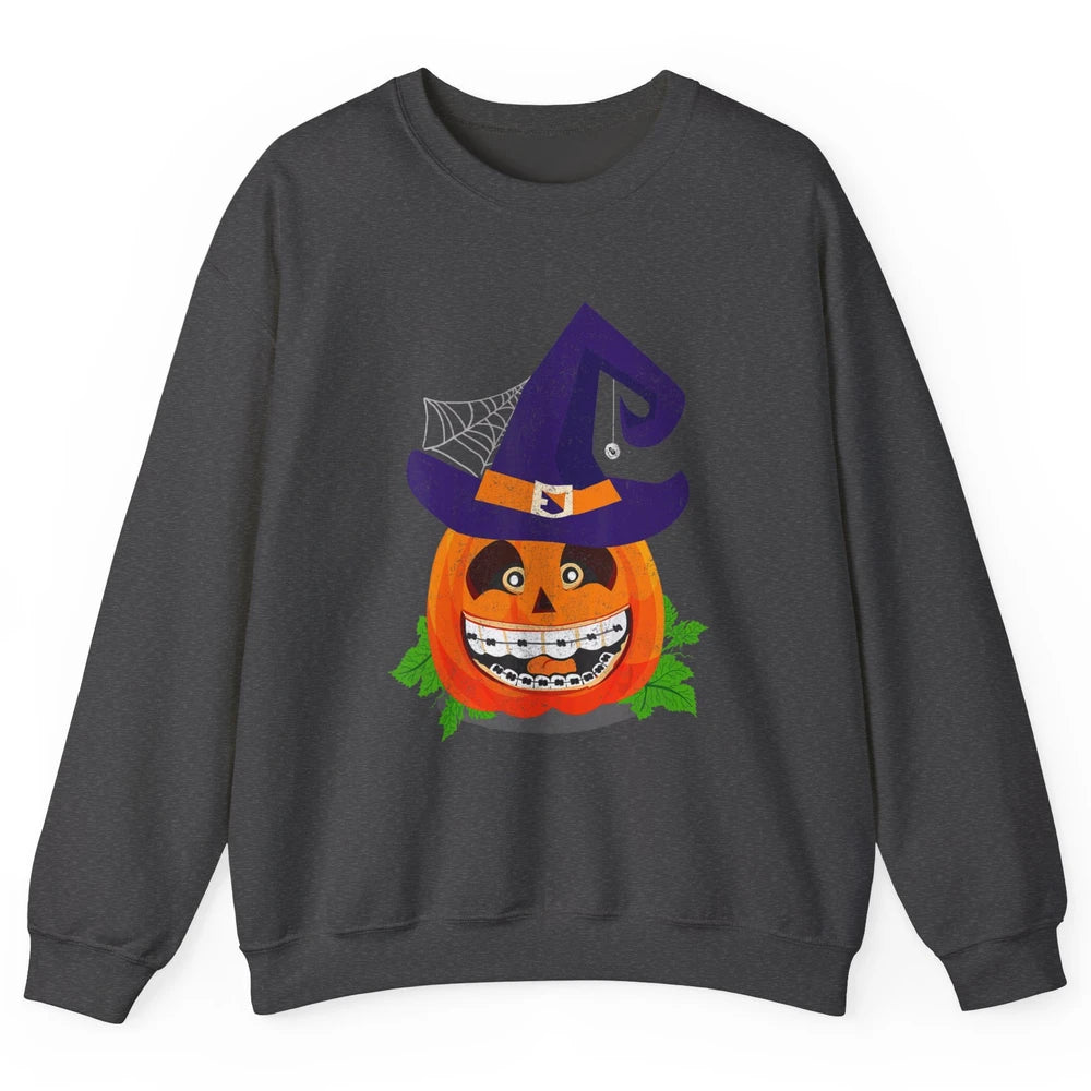 Pumpkin Witch Teeth Braces Dental Dentist Halloween Spooky Unisex Crewneck Sweatshirt