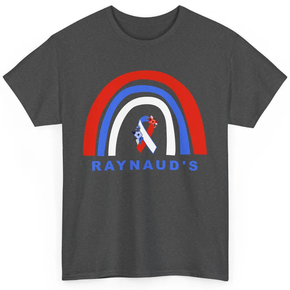 Raynaud's Syndrome Awareness Floral Red Blue Ribbon Rainbow Classic Unisex T-Shirt