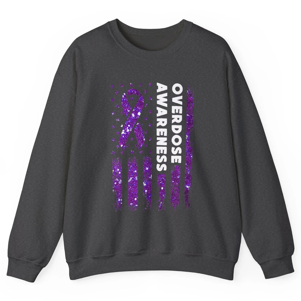 Overdose Awareness US Flag Purple Ribbon Addiction Warrior Unisex Crewneck Sweatshirt