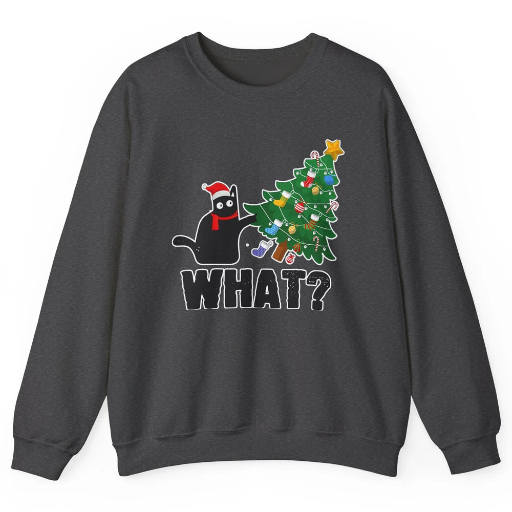 Black Cat Pushing Christmas Tree What Xmas Lights Santa Hat Unisex Crewneck Sweatshirt