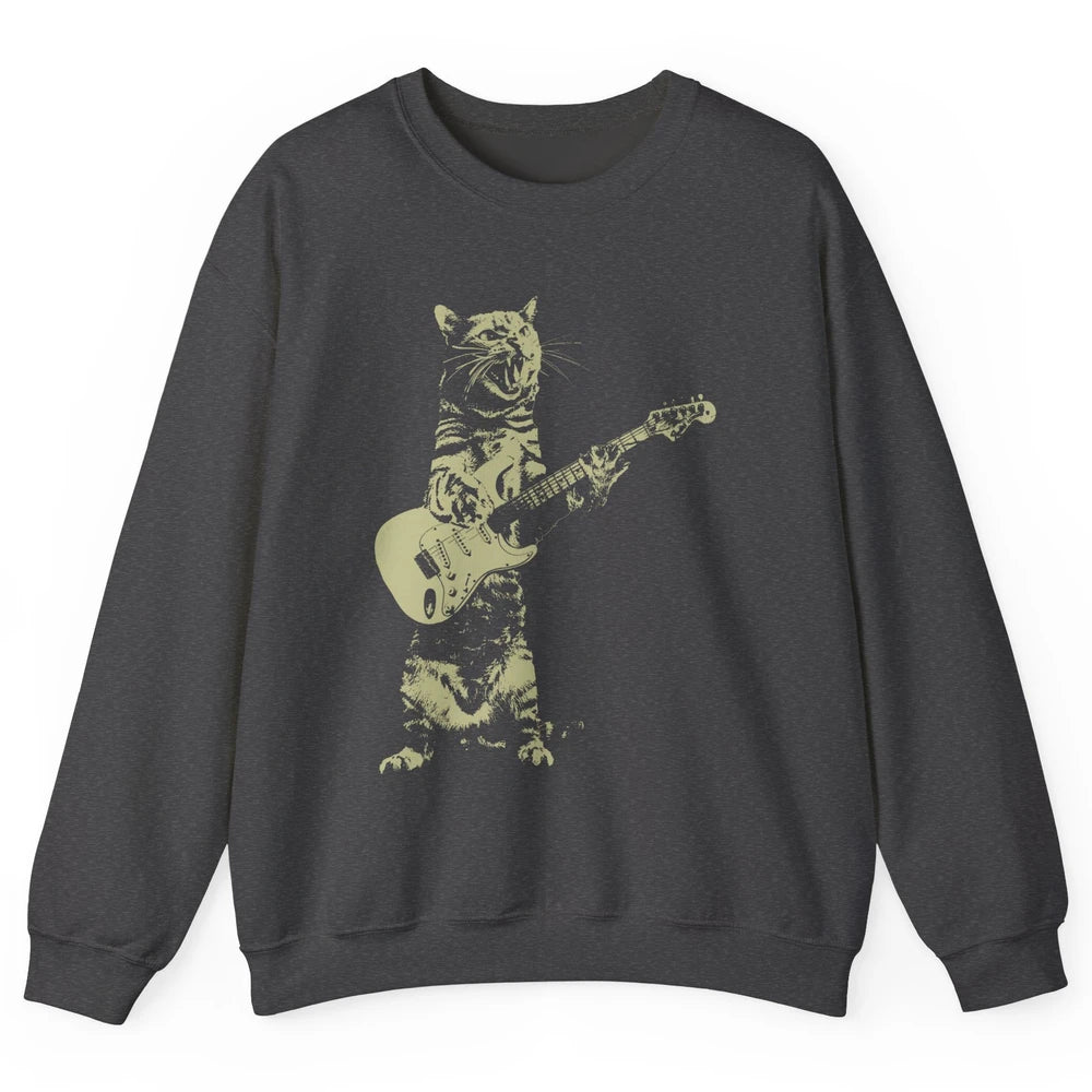 Retro Cat Playing Guitar Cat Guitarist Music Lovers Cat Mom Unisex Crewneck Sweatshirt