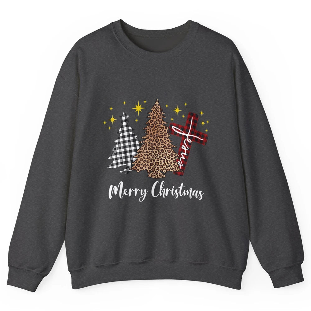 Merry Christmas Xmas Tree Cross Red Plaid Christian Leopard Unisex Crewneck Sweatshirt