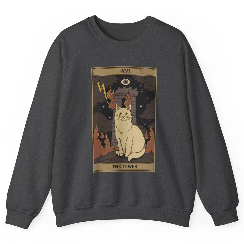 Retro Halloween Cat Witch The Tower Tarot Card Witchcraft Unisex Crewneck Sweatshirt