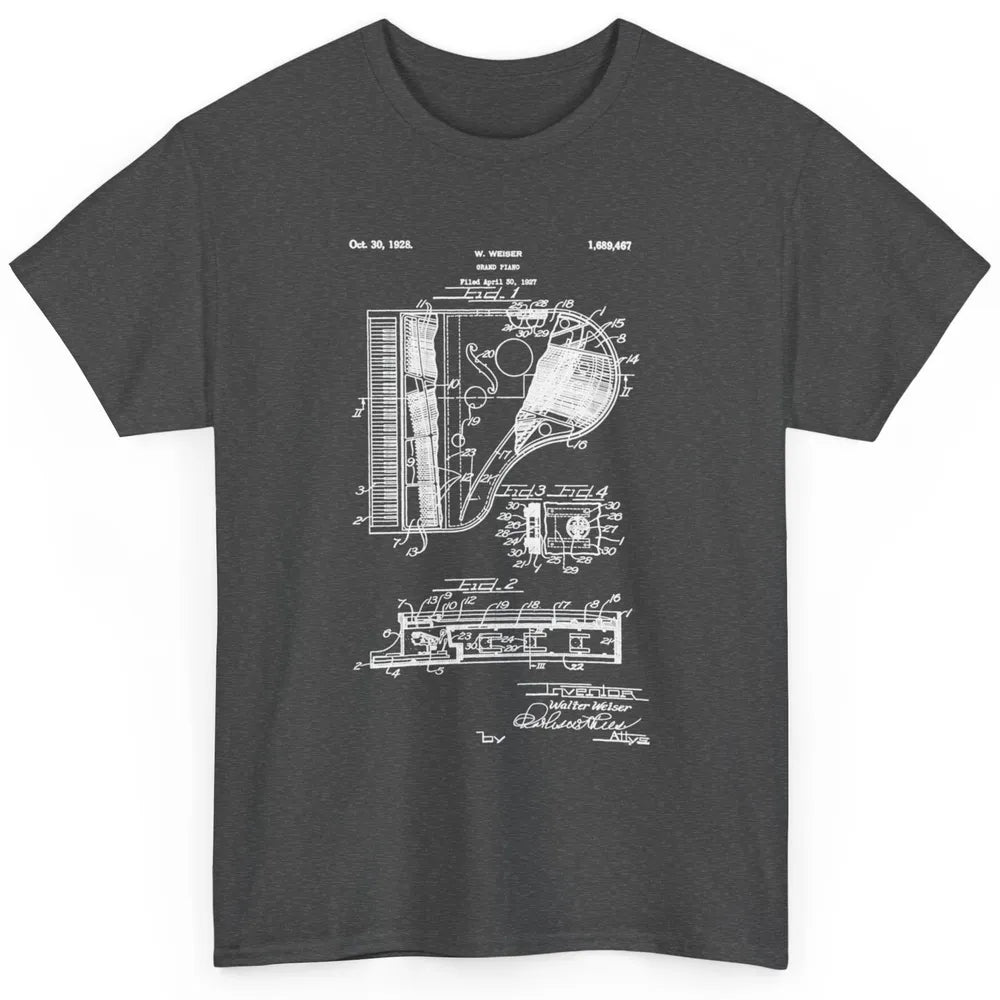 Piano Patent Style Vintage Grand Pianist Line Art Drawing Classic Unisex T-Shirt