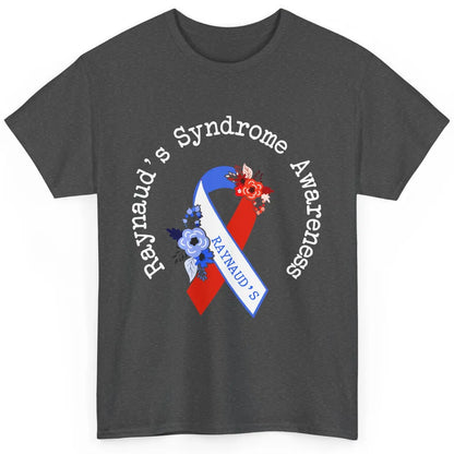 Raynaud's Syndrome Awareness Support Floral Red Blue Ribbon Classic Unisex T-Shirt