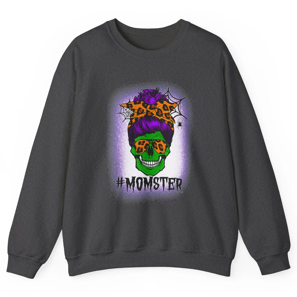 Retro Momster Messy Bun Skull Mom Halloween Spooky Mama Goth Unisex Crewneck Sweatshirt