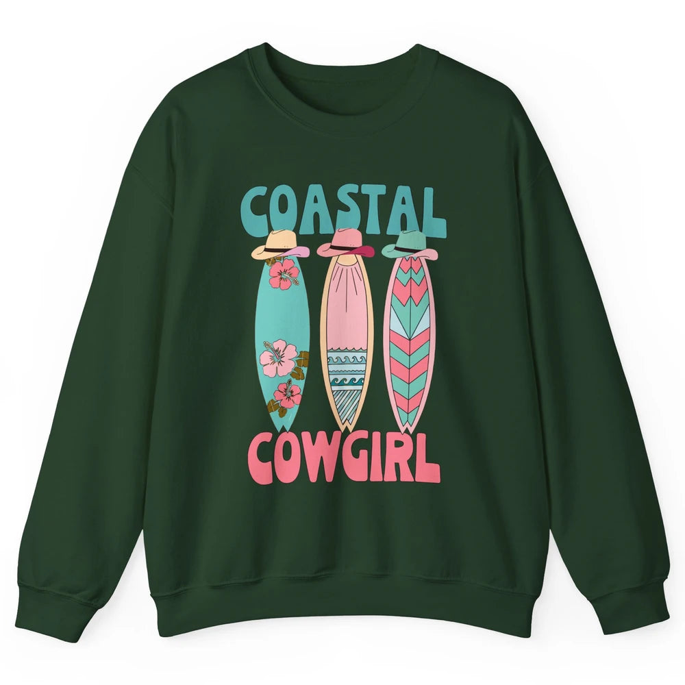Retro Coastal Cowgirl Surfboards Western Cowgirl Beach Life Unisex Crewneck Sweatshirt