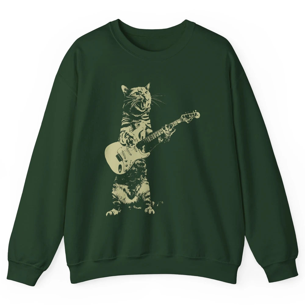 Retro Cat Playing Guitar Cat Guitarist Music Lovers Cat Mom Unisex Crewneck Sweatshirt