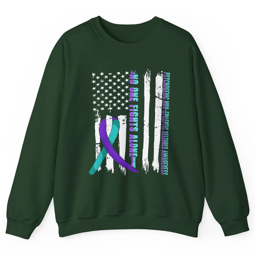 PNES Awareness Purple Teal Ribbon No One Fight Alone US Flag Unisex Crewneck Sweatshirt