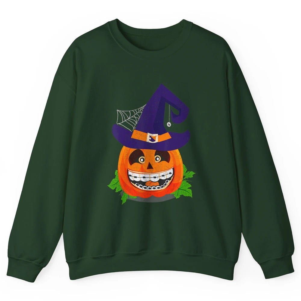Pumpkin Witch Teeth Braces Dental Dentist Halloween Spooky Unisex Crewneck Sweatshirt