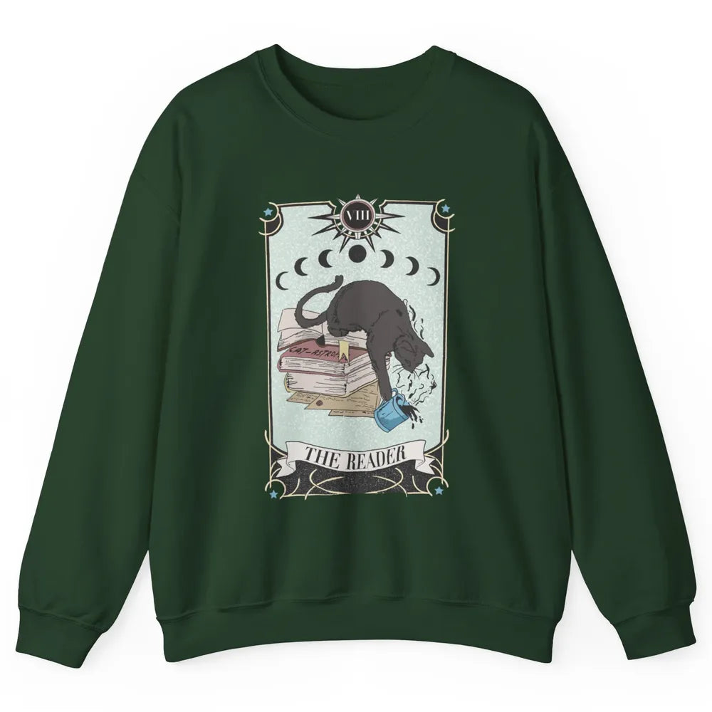 Retro Black Cat Books The Reader Tarot Card Halloween Reading Book Crescent Moon Unisex Crewneck Sweatshirt