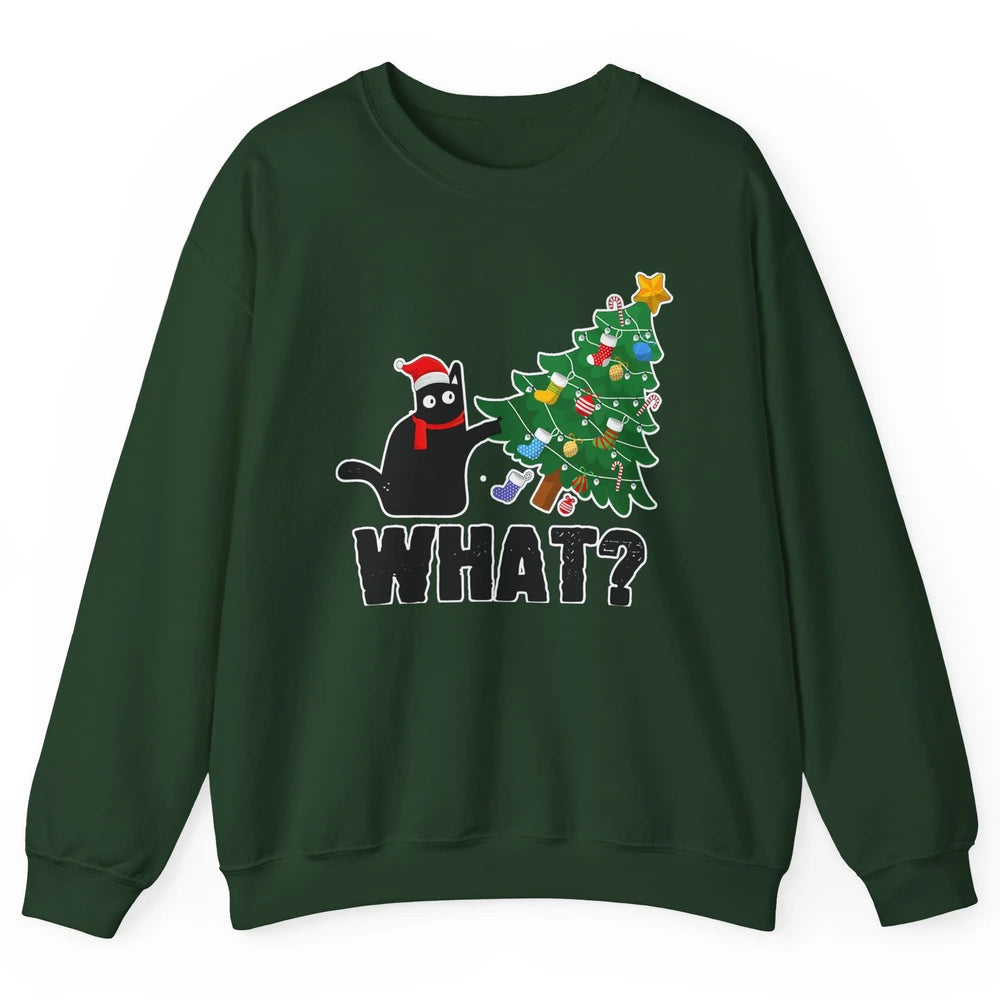 Black Cat Pushing Christmas Tree What Xmas Lights Santa Hat Unisex Crewneck Sweatshirt