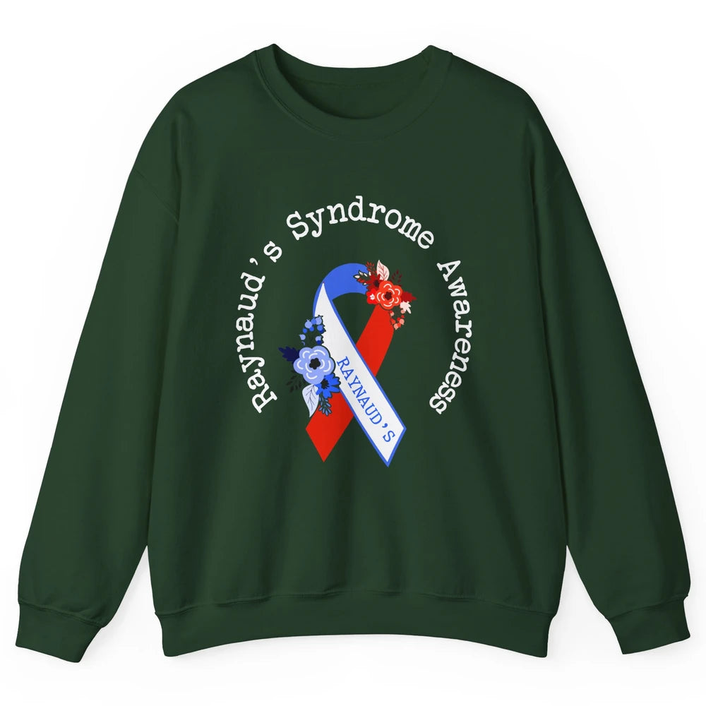 Raynaud's Syndrome Awareness Support Floral Red Blue Ribbon Unisex Crewneck Sweatshirt