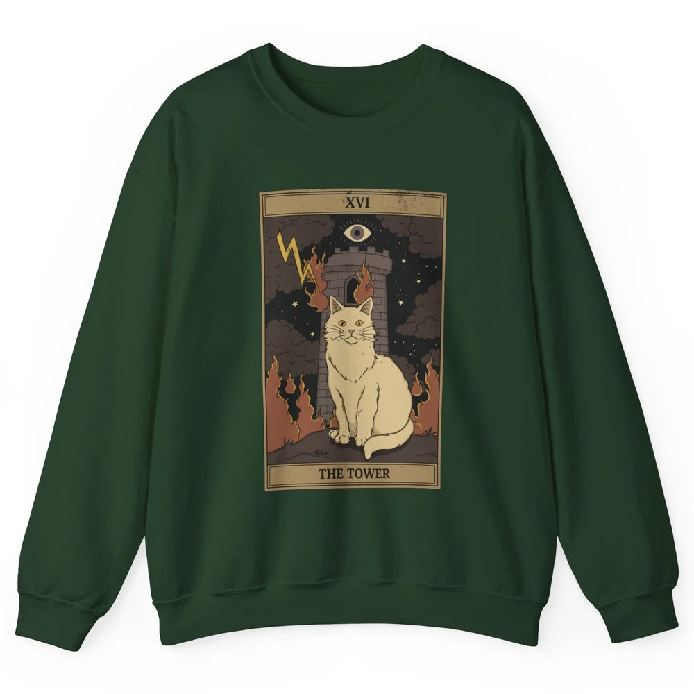 Retro Halloween Cat Witch The Tower Tarot Card Witchcraft Unisex Crewneck Sweatshirt