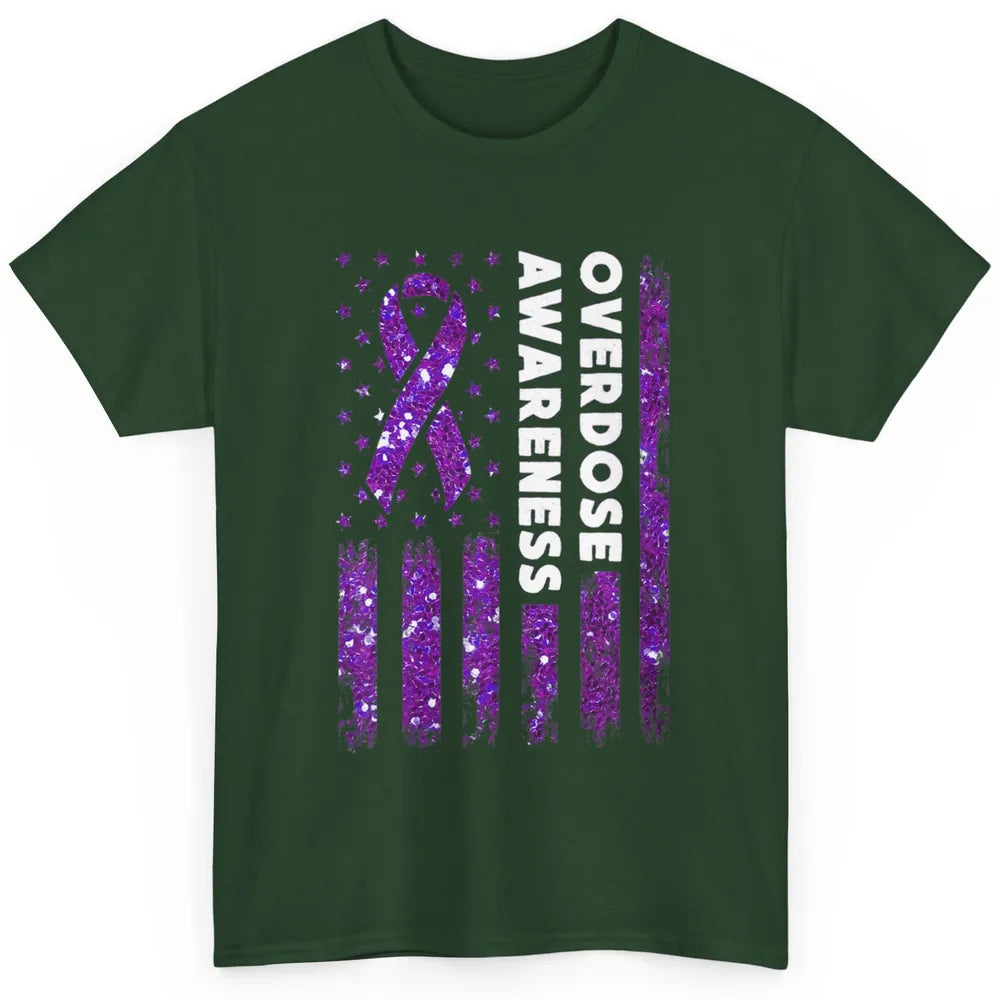 Overdose Awareness US Flag Purple Ribbon Addiction Warrior Classic Unisex T-Shirt