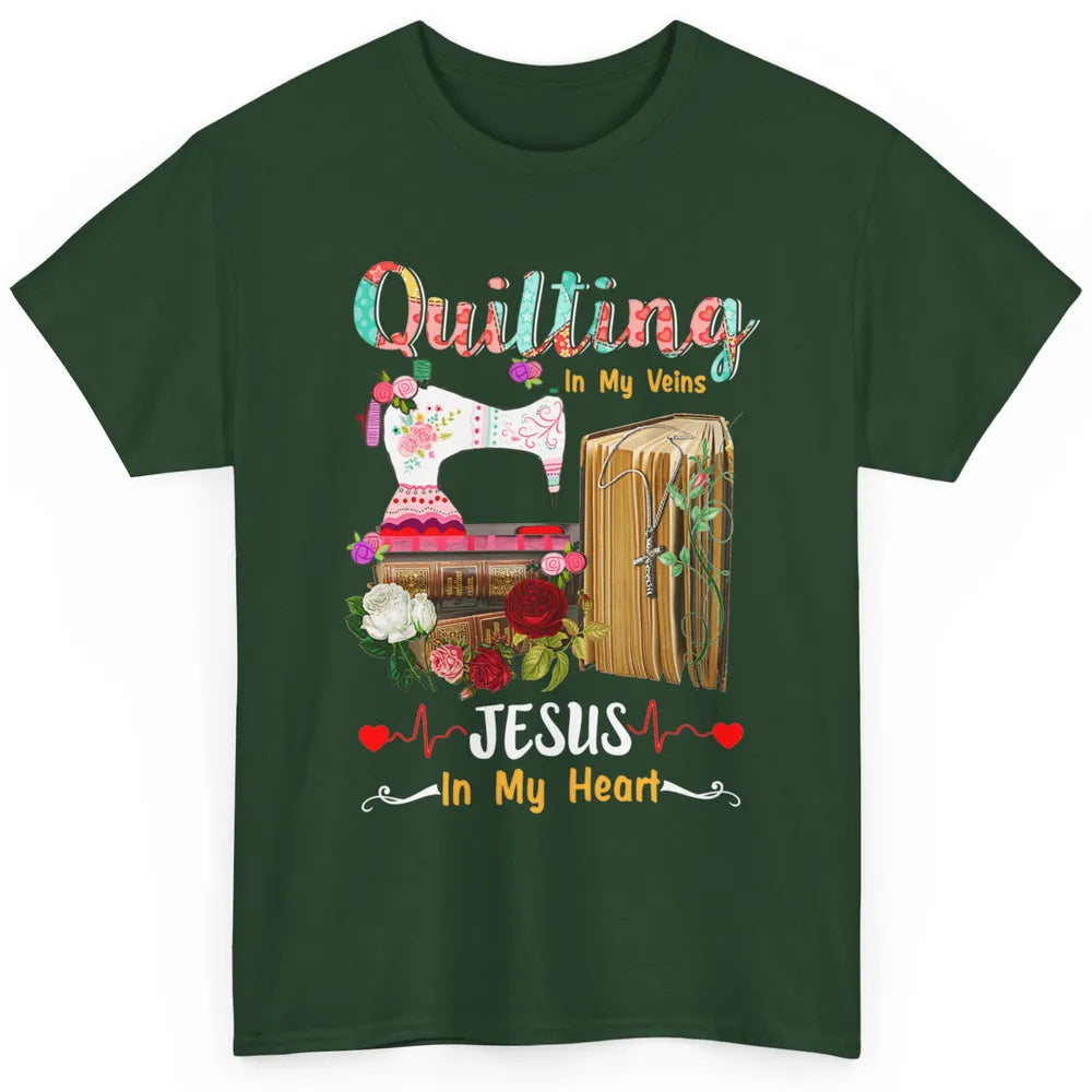 Quilting In My Veins Jesus In Heart Christian Retro Quilt Classic Unisex T-Shirt