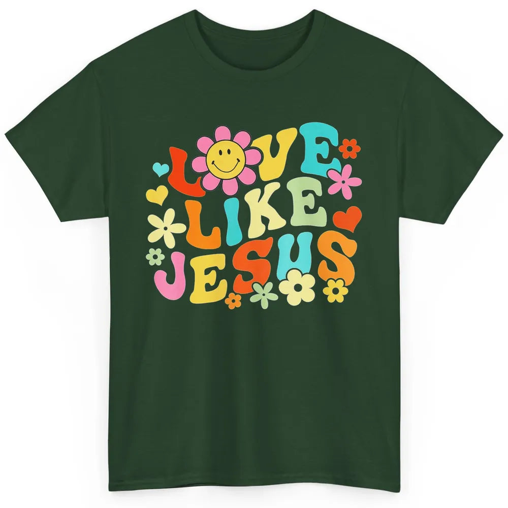 Retro Groovy Love Like Jesus Smiling Face Daisy Boho God Classic Unisex T-Shirt