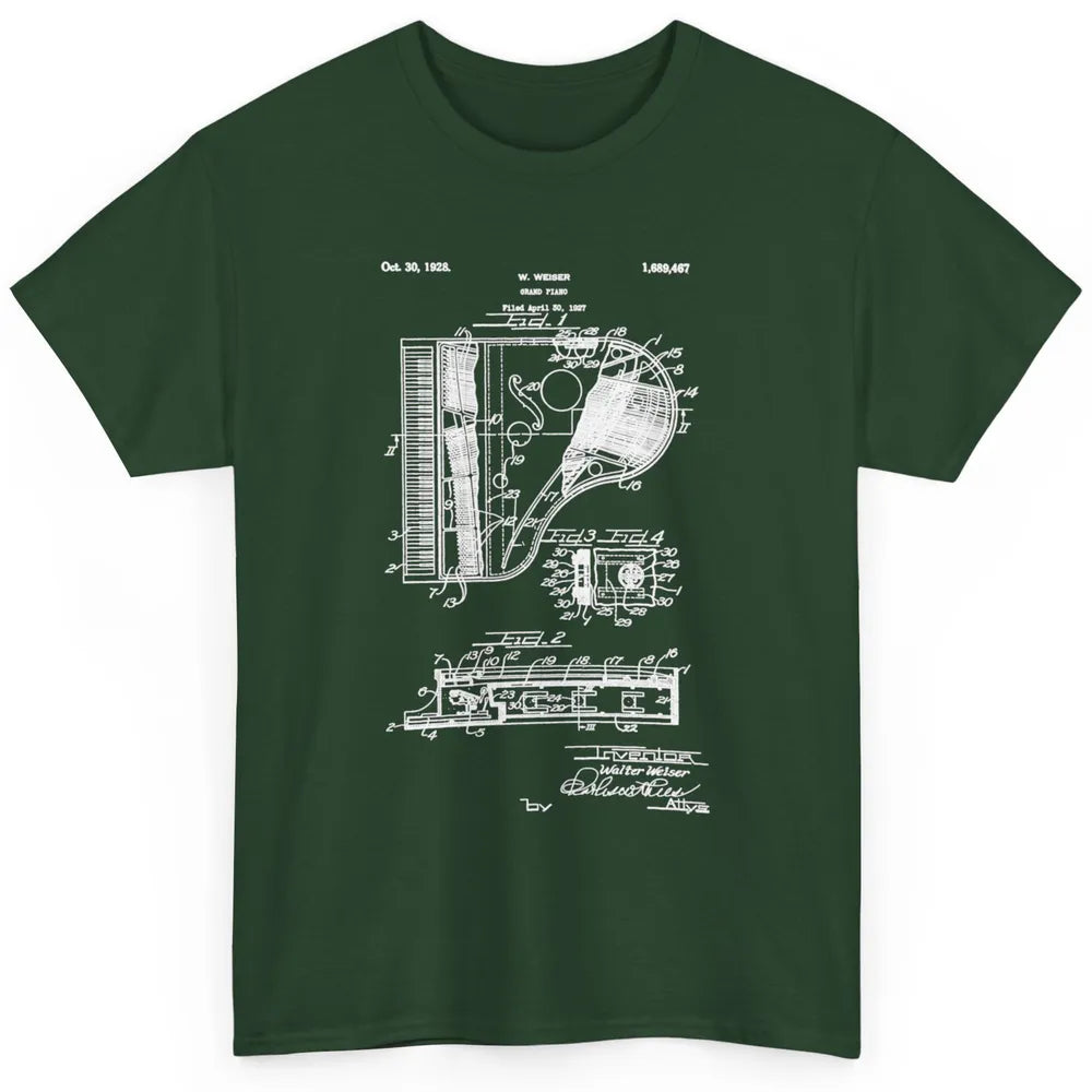 Piano Patent Style Vintage Grand Pianist Line Art Drawing Classic Unisex T-Shirt