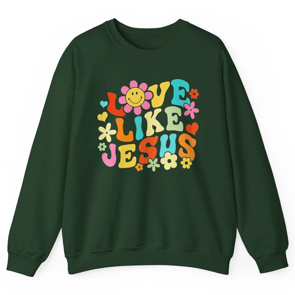 Retro Groovy Love Like Jesus Smiling Face Daisy Boho God Unisex Crewneck Sweatshirt
