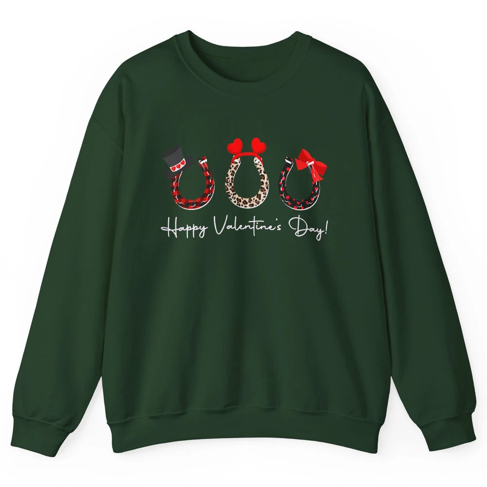 Leopard Red Plaid Heart Love Horseshoes Horse Lover Happy Valentine's Day Unisex Crewneck Sweatshirt