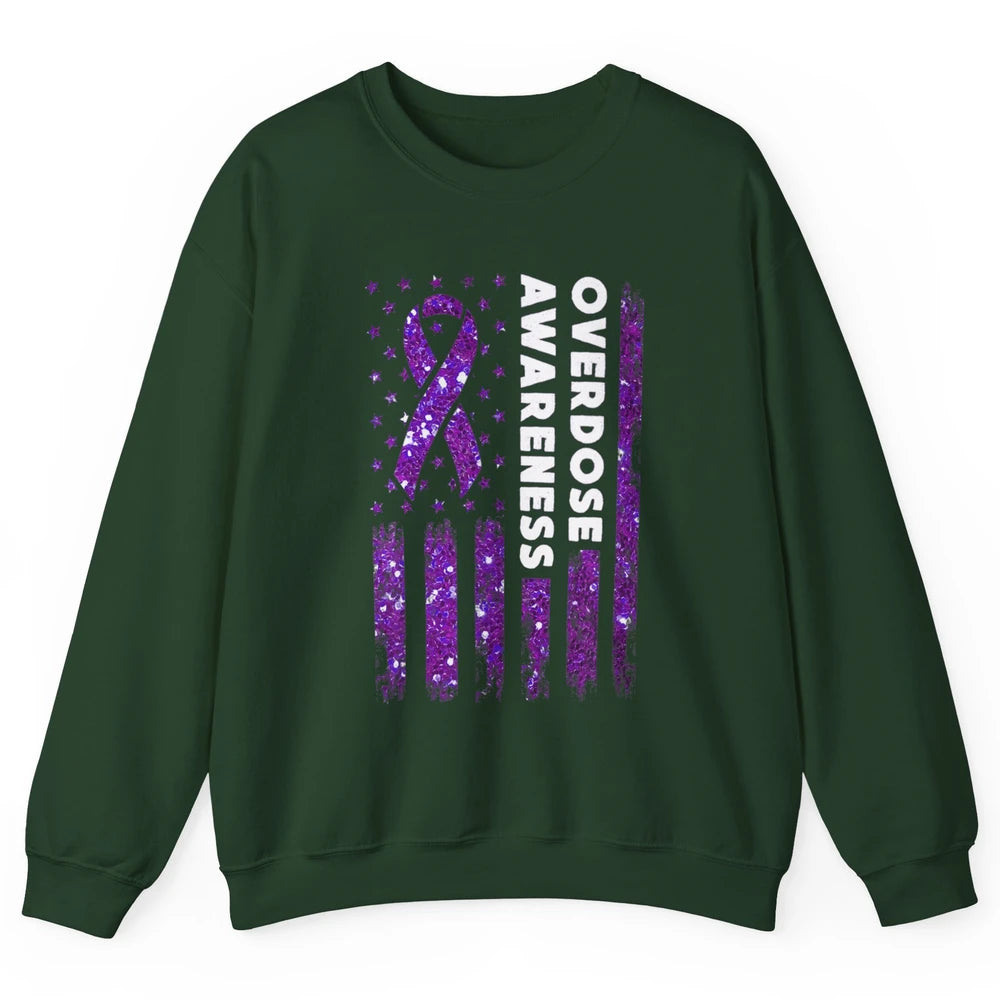 Overdose Awareness US Flag Purple Ribbon Addiction Warrior Unisex Crewneck Sweatshirt