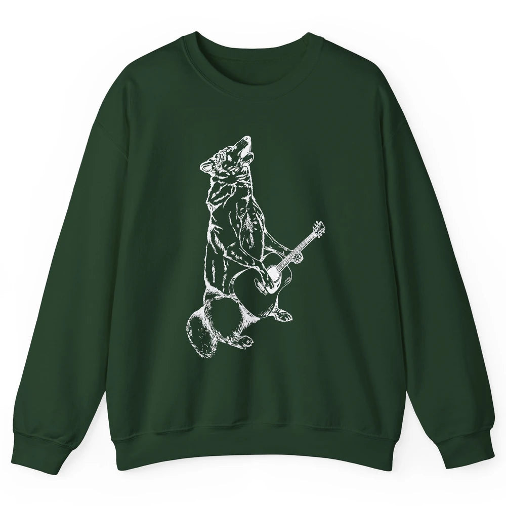 Retro Howling Wolf Playing Guitar Musician Guitarist Music Unisex Crewneck Sweatshirt