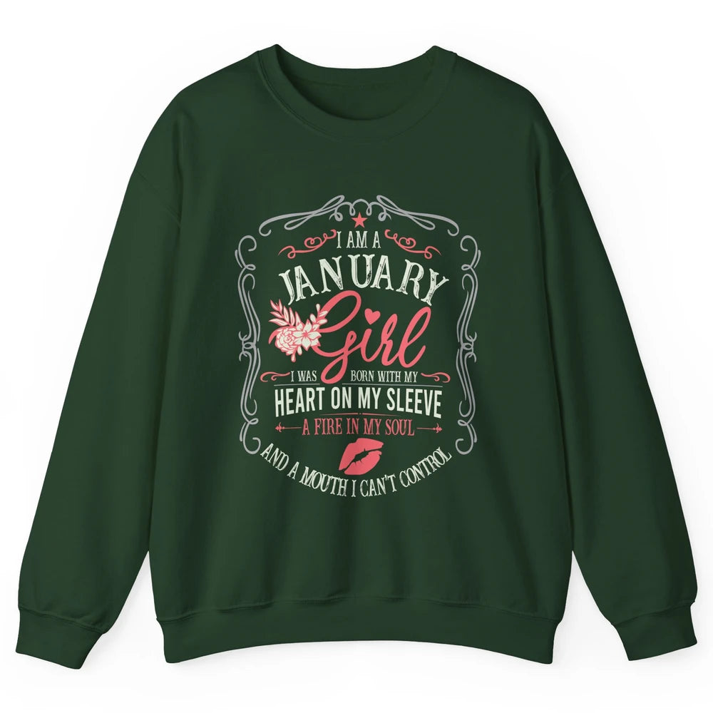 Retro January Girl Born With My Heart On My Sleeve Birthday Unisex Crewneck Sweatshirt