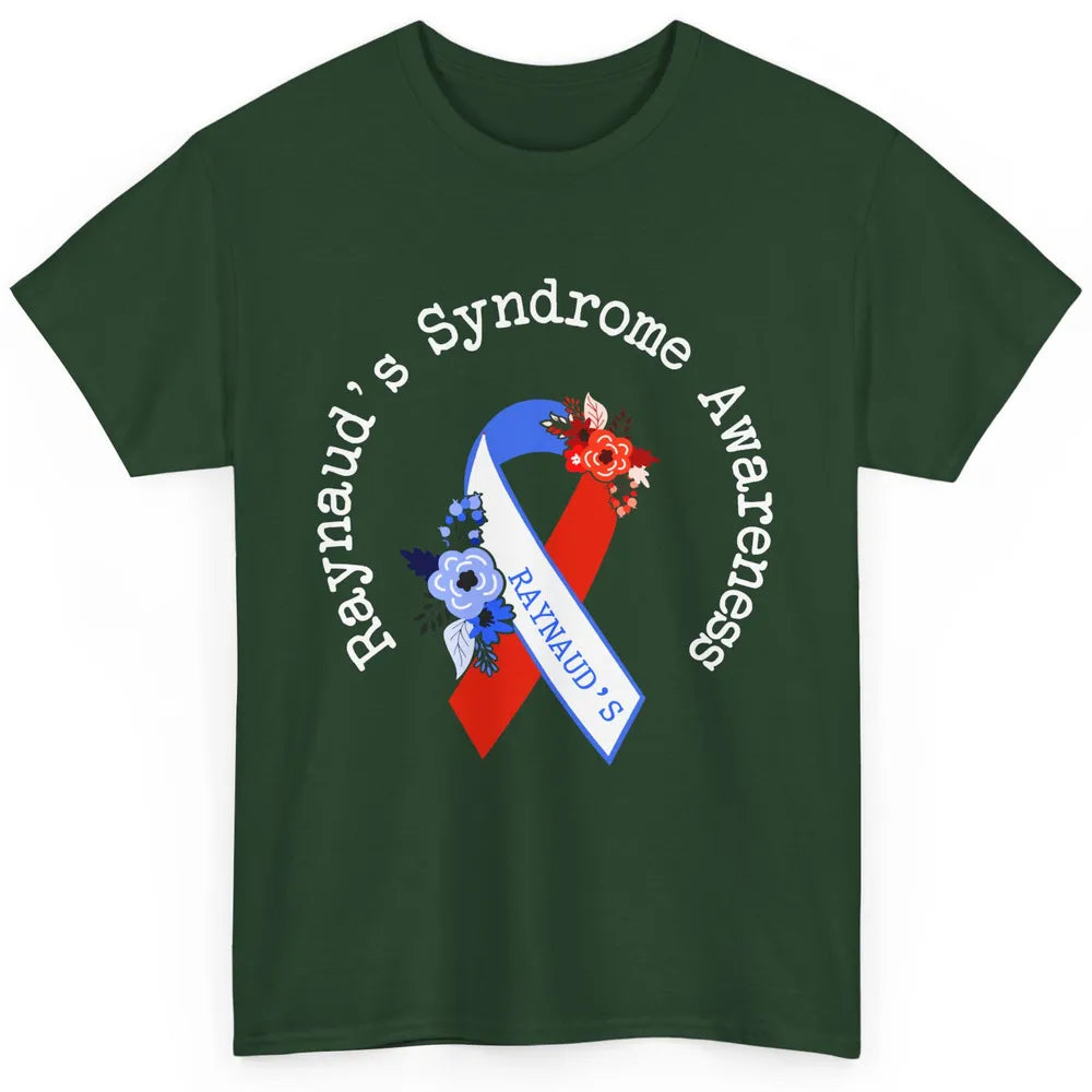 Raynaud's Syndrome Awareness Support Floral Red Blue Ribbon Classic Unisex T-Shirt