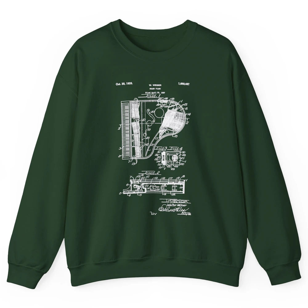 Piano Patent Style Vintage Grand Pianist Line Art Drawing Unisex Crewneck Sweatshirt