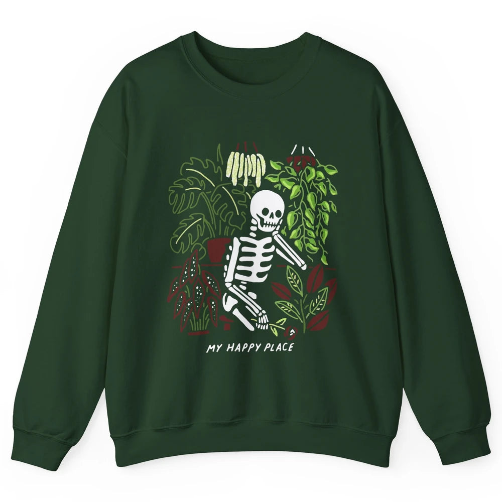 Retro Funny Skeleton Gardening My Happy Place Plant Lovers Unisex Crewneck Sweatshirt
