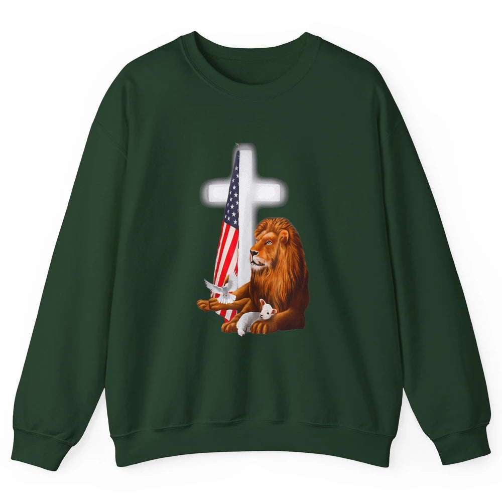 Patriotic Christian Lamb Bible Verse Lion Cross Religious Unisex Crewneck Sweatshirt