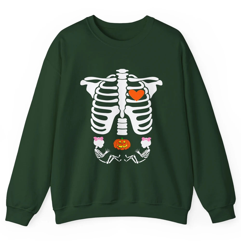 Pregnant Halloween Skeleton Baby Twins Witch Pumpkin Costume Unisex Crewneck Sweatshirt