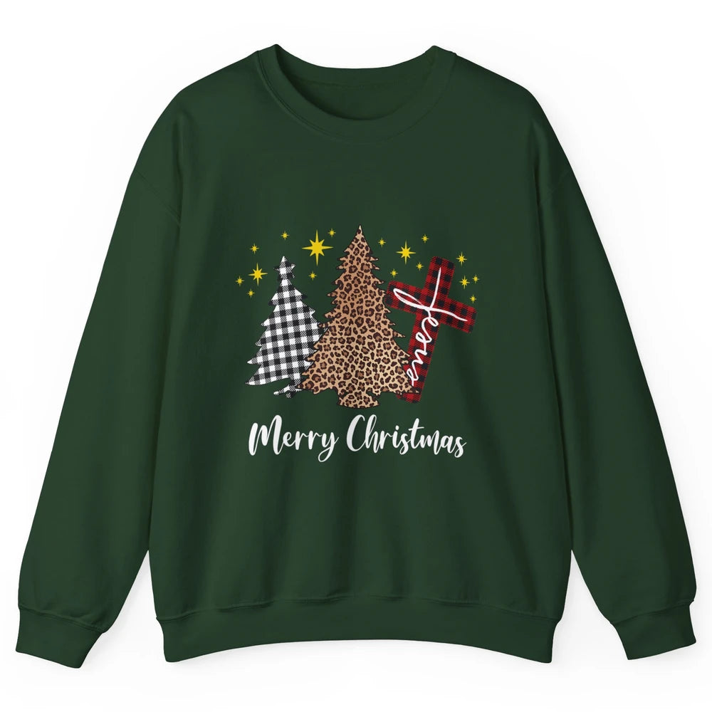 Merry Christmas Xmas Tree Cross Red Plaid Christian Leopard Unisex Crewneck Sweatshirt