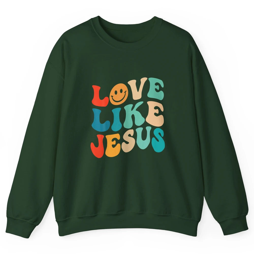 Retro Groovy Love Like Jesus Smiling Face Christ Faith God Unisex Crewneck Sweatshirt