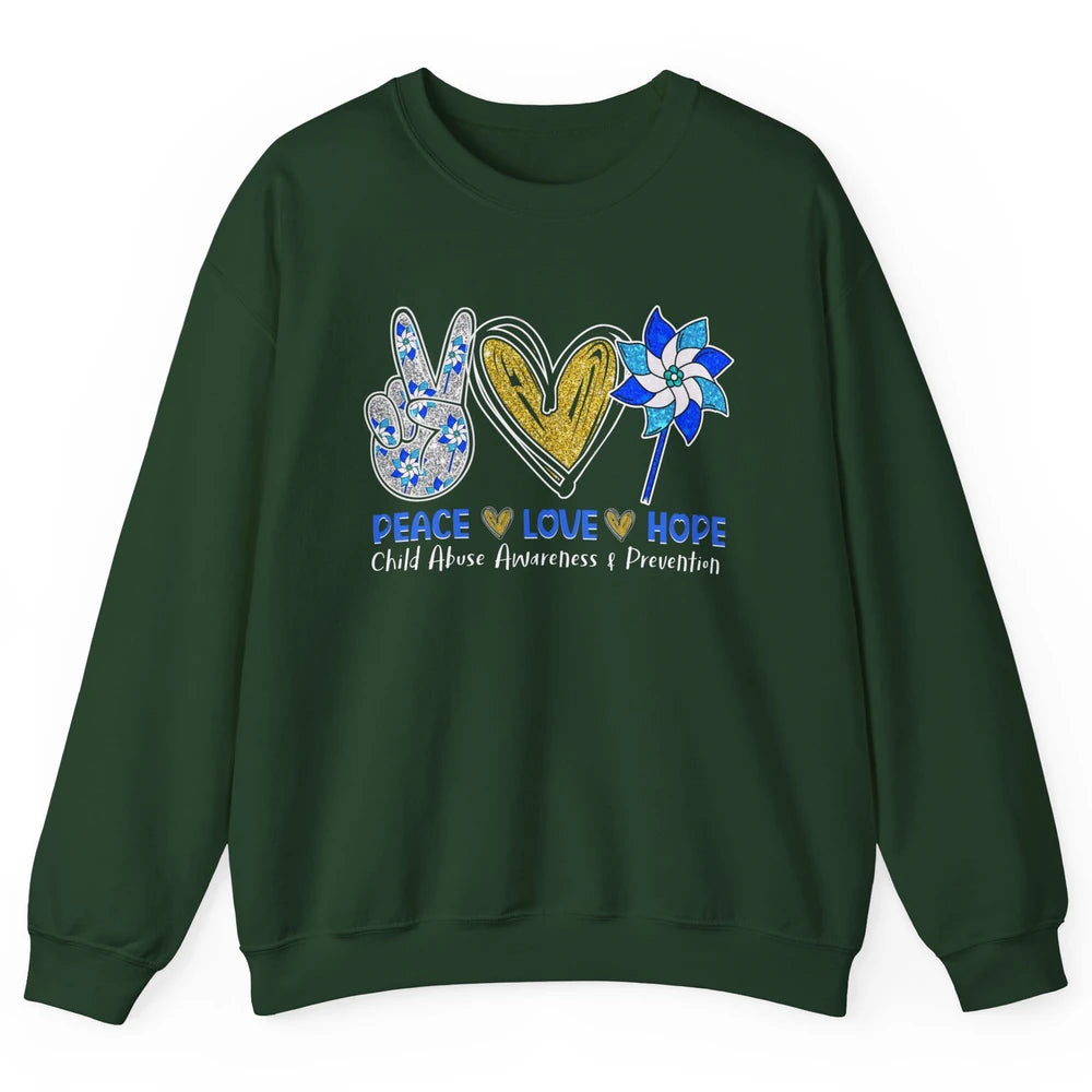 Peace Love Leopard Pinwheel Child Abuse Prevention Month Unisex Crewneck Sweatshirt