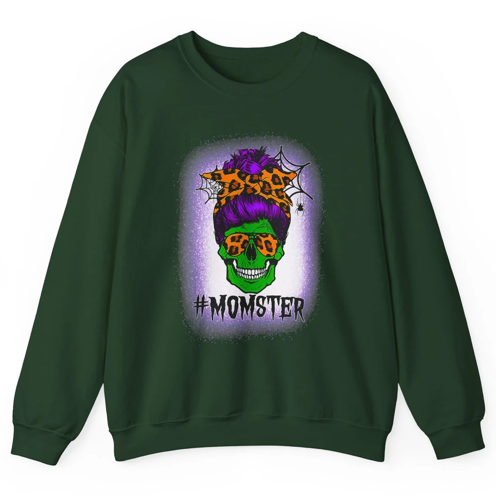 Retro Momster Messy Bun Skull Mom Halloween Spooky Mama Goth Unisex Crewneck Sweatshirt