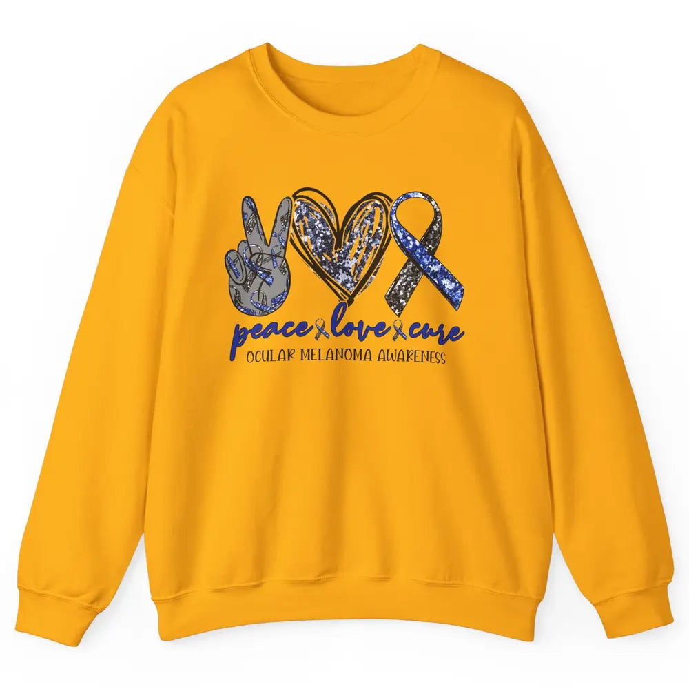 Ocular Melanoma Awareness Peace Love Cure Blue Ribbon Unisex Crewneck Sweatshirt