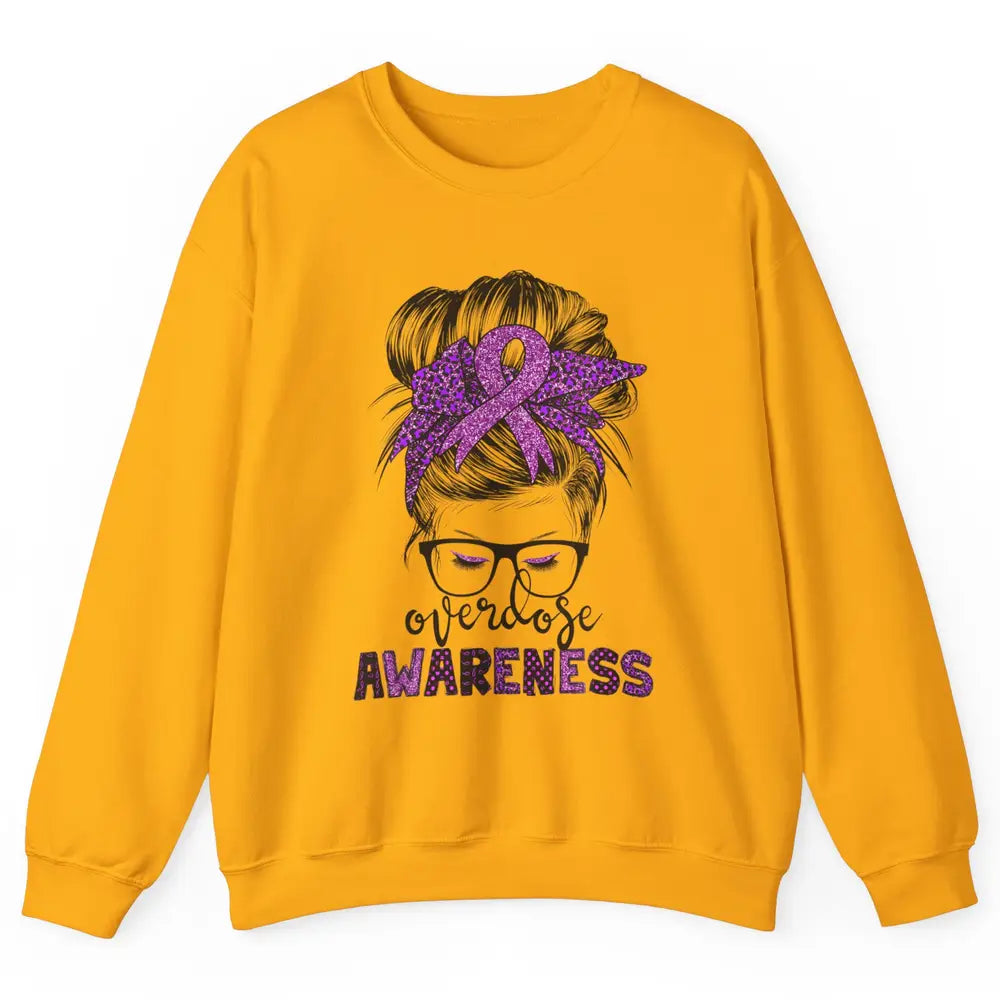 Overdose Awareness Messy Hair Bun Purple Leopard Warrior Unisex Crewneck Sweatshirt