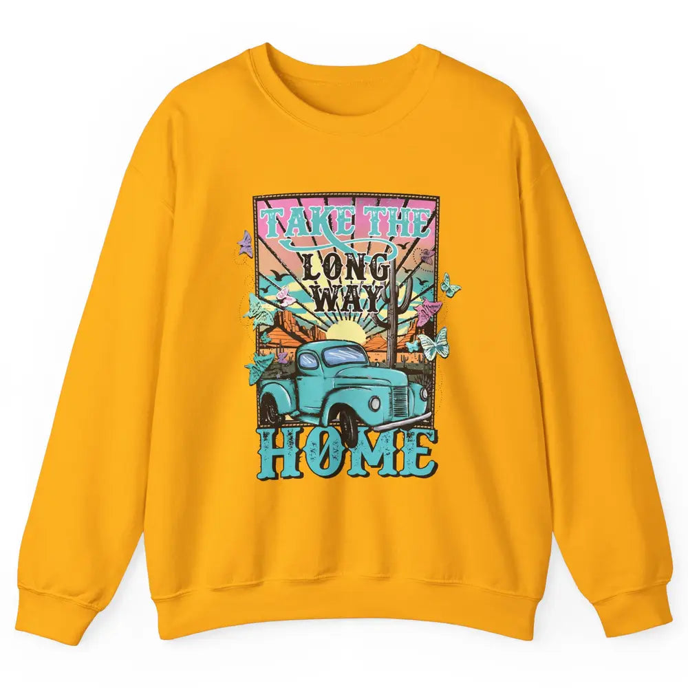 Retro Mountain Sunset Take The Long Way Home Western Country Unisex Crewneck Sweatshirt