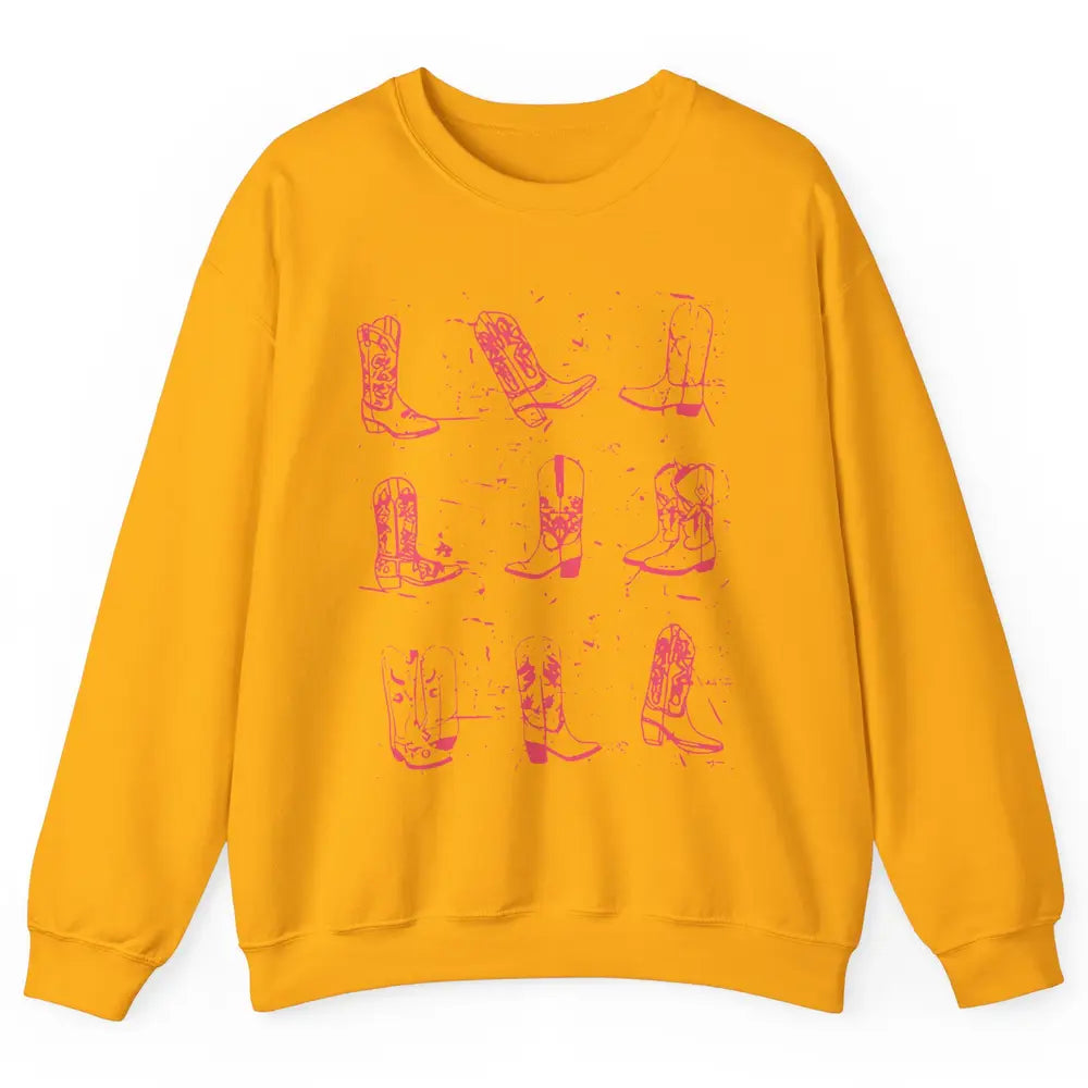 Retro Pink Cowboy Boots Western Valentine Cowgirl Gift Unisex Crewneck Sweatshirt