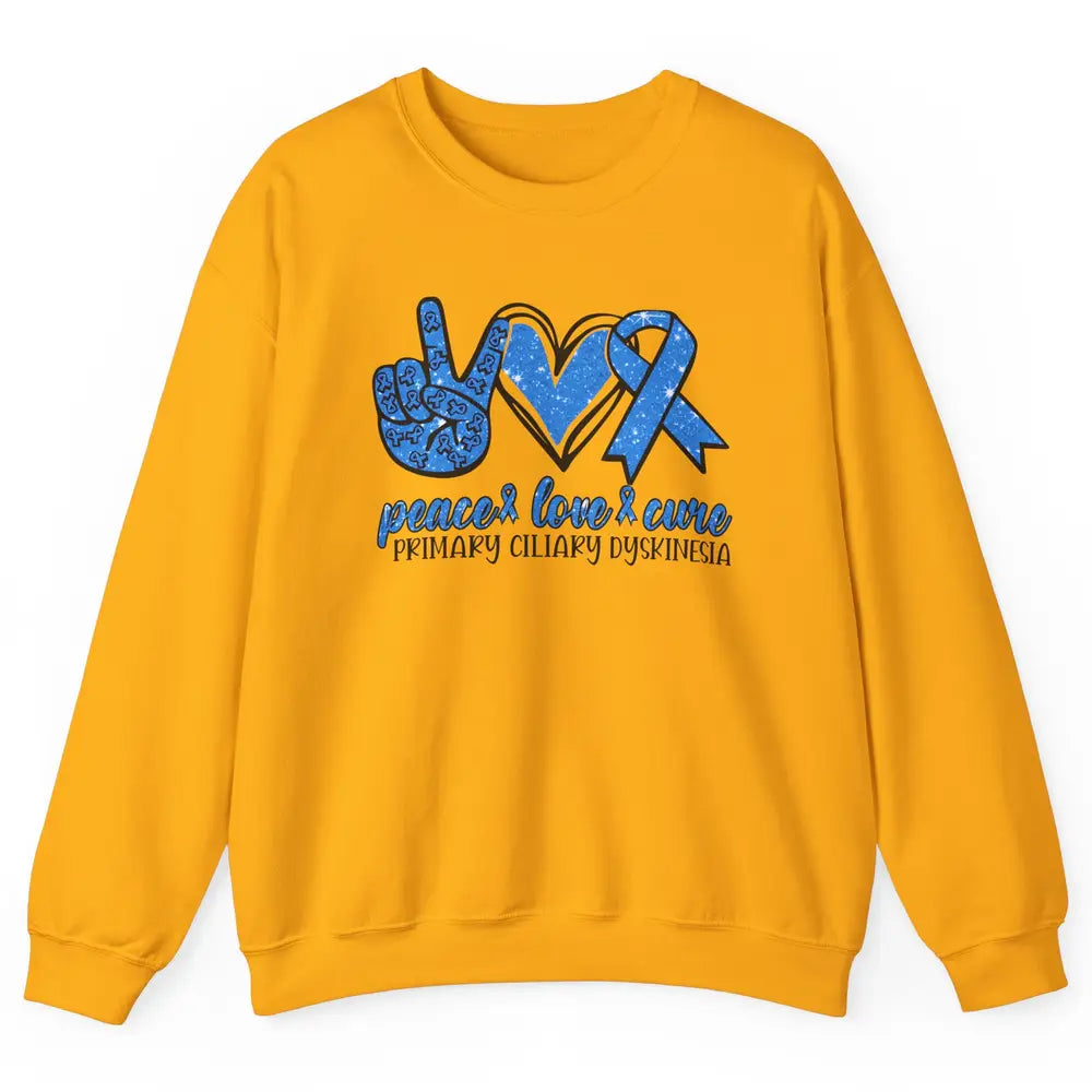 Primary Ciliary Dyskinesia Peace Love Cure Blue Ribbon Unisex Crewneck Sweatshirt