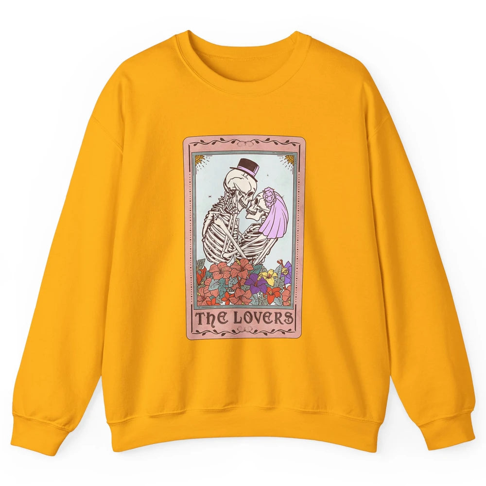 The Lovers Funny Skeleton Couple Tarot Card Vintage Valentine Astrology Goth Skull Lover Floral Heart Unisex Crewneck Sweatshirt