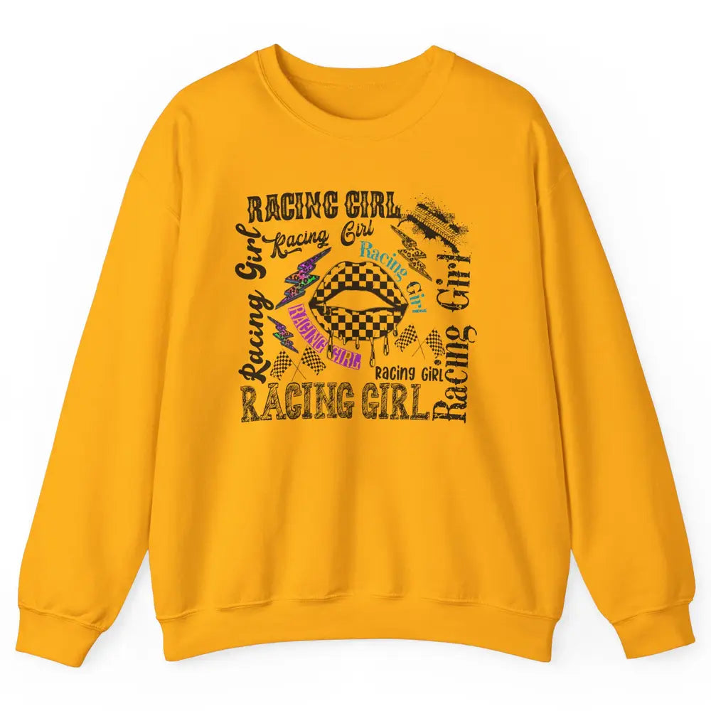 Racing Girl Lips It's Race Day Race Flag Race Lips Girl Gift Unisex Crewneck Sweatshirt
